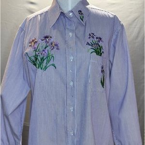 Country Store Embroidered Iris Purple Cotton Striped Button Down Long Sleeve M